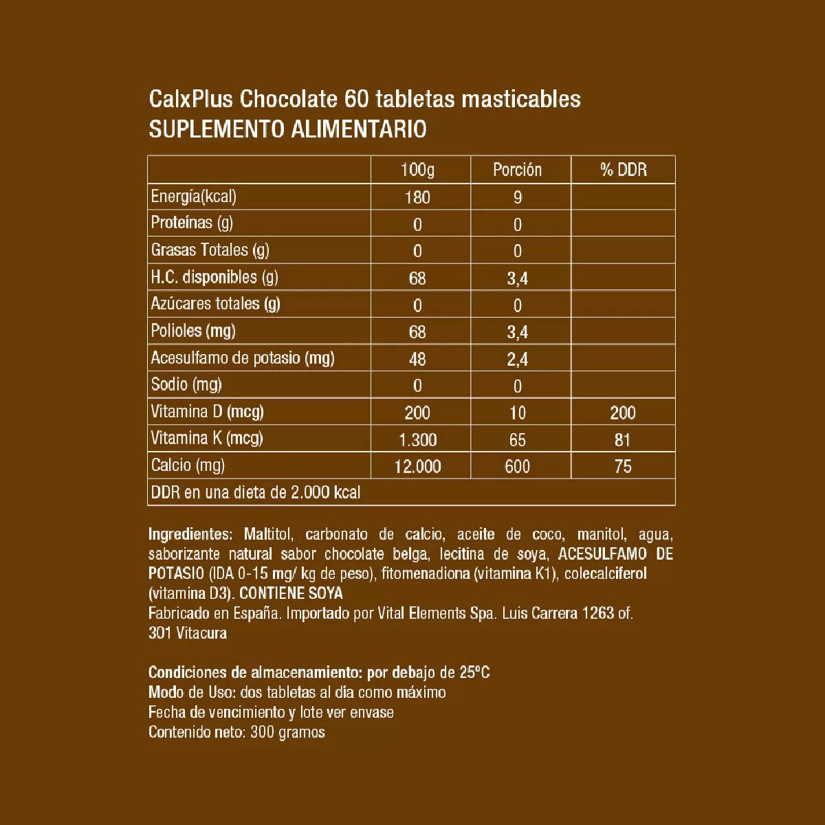 Calcio masticable con vitamina D y K - CalxPlus® - sabor Chocolate – 60 masticables