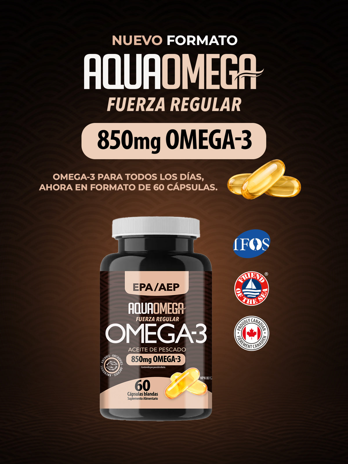 AquaOmega Regular Strength Omega-3 Premium 60 Cápsulas Blandas | EPA + DHA de Alta Pureza