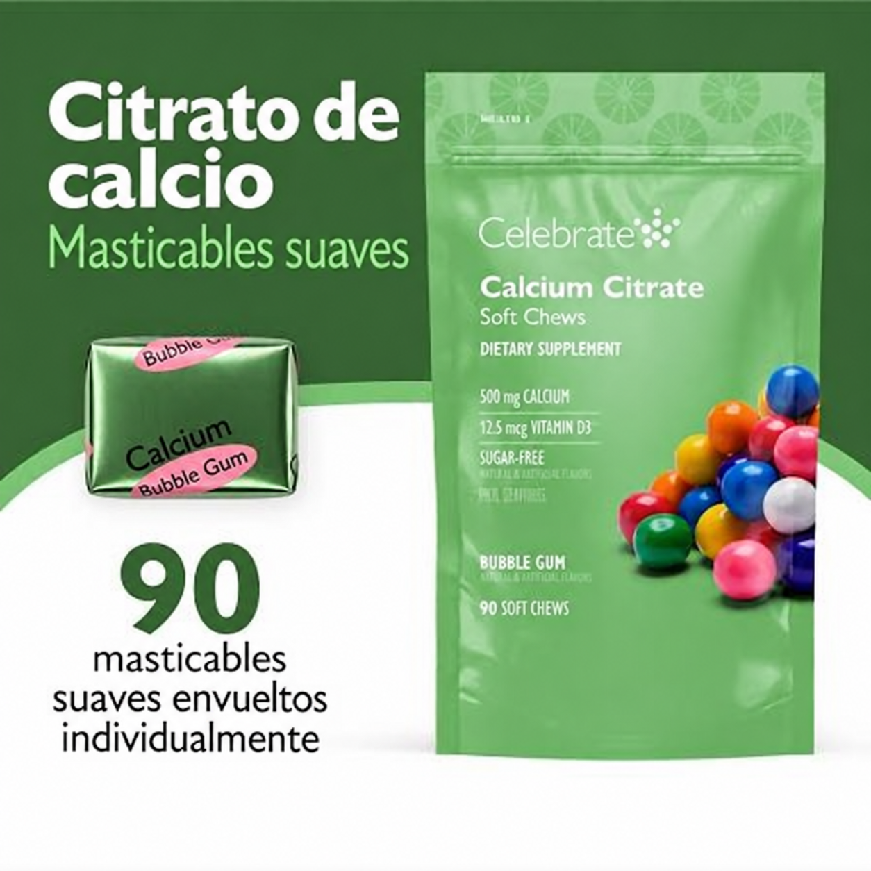 Celebrate® Calcio Masticable con Vitamina D3 Sabor Bubblegum | 90 Masticables Suaves