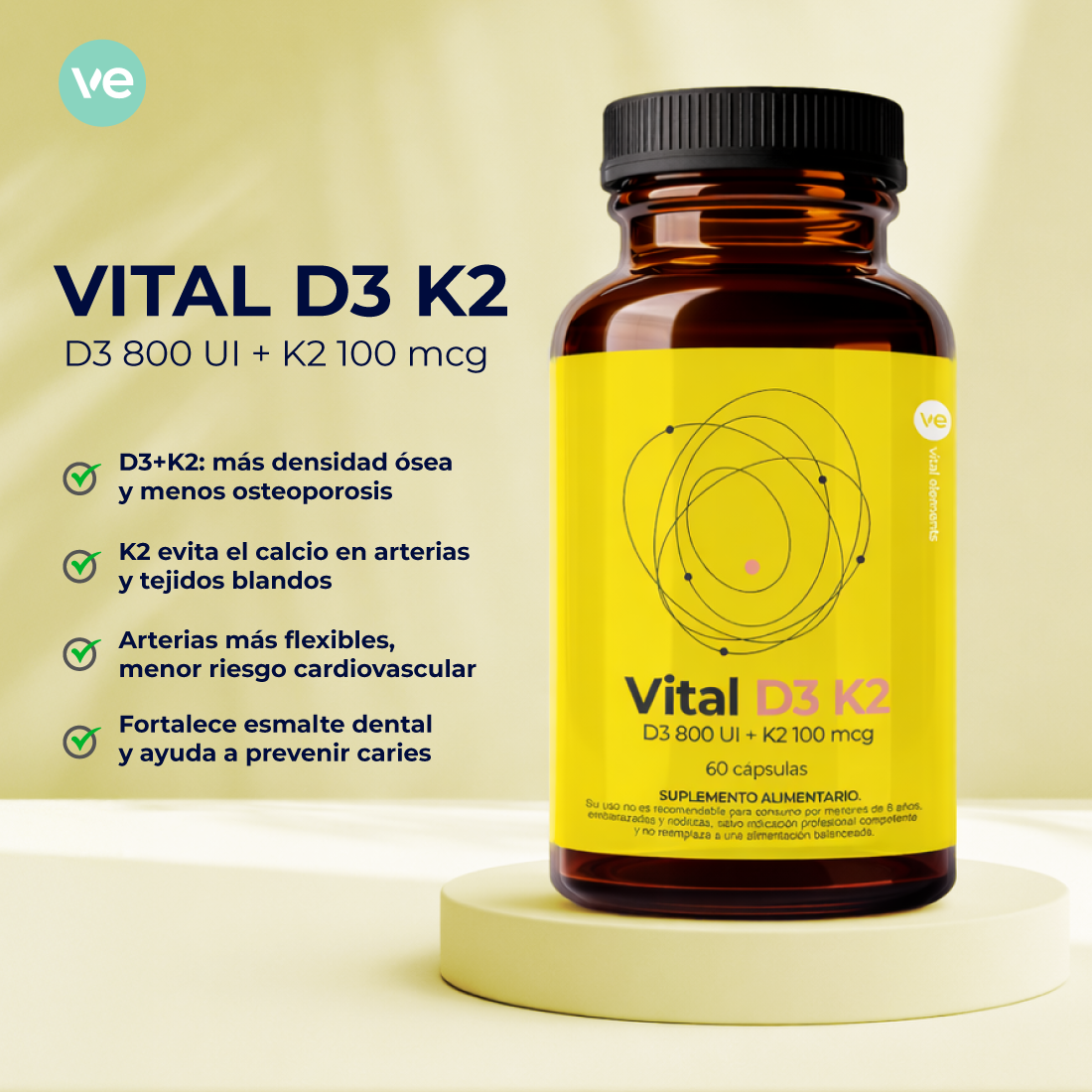 Vital D3 + K2® 60 Cápsulas | Vitamina D3 800 UI + Vitamina K2 MK-7 100 mcg