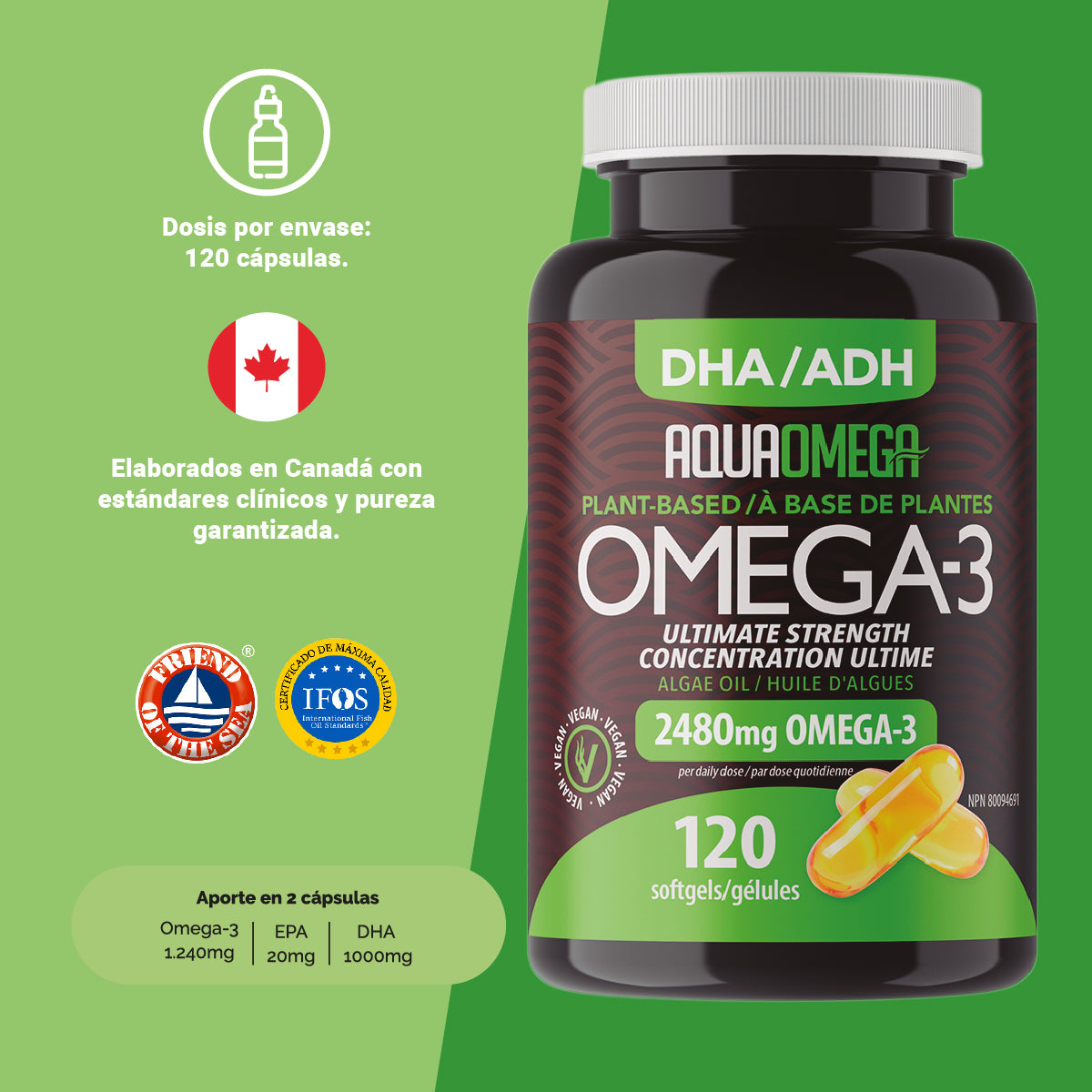 AquaOmega® Plant Based Omega-3 Premium 120 Cápsulas Blandas | Omega-3 Vegano de Microalgas