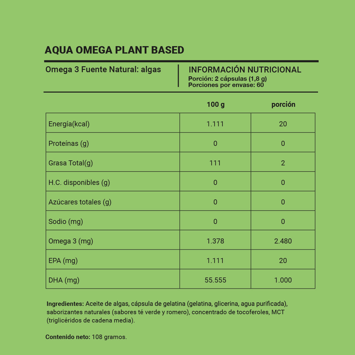 AquaOmega® Plant Based Omega-3 Premium 120 Cápsulas Blandas | Omega-3 Vegano de Microalgas